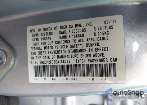 2012 Honda Accord 2.4 Lx из США, поврежденный, VIN 1HGCP2F38CA158785